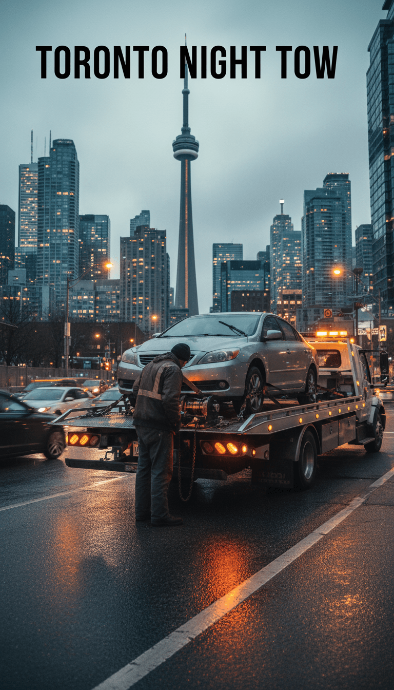 Tow truck operator securing a vehicle on a flatbed in Toronto