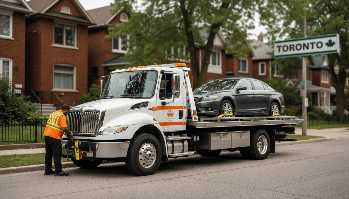 Tow truck operator securing a vehicle in Toronto