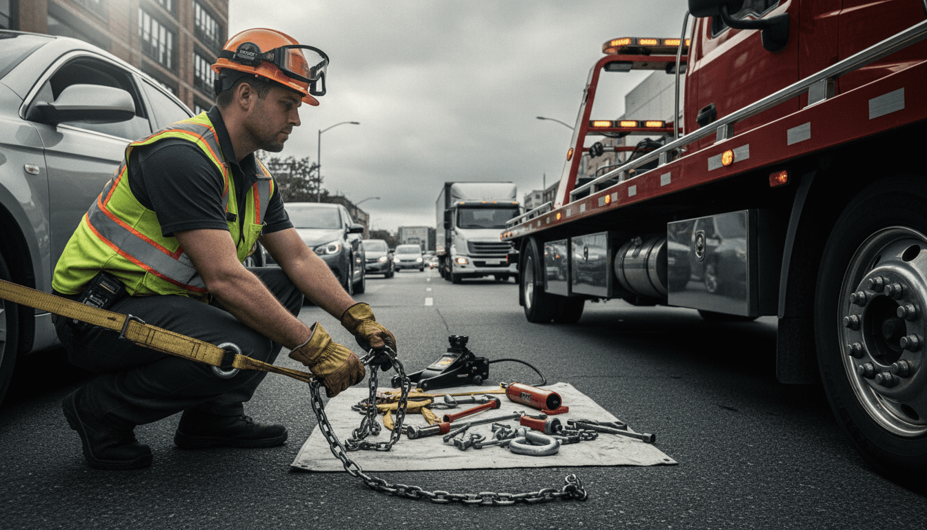 Professional tow truck driver assisting a driver on a Toronto street